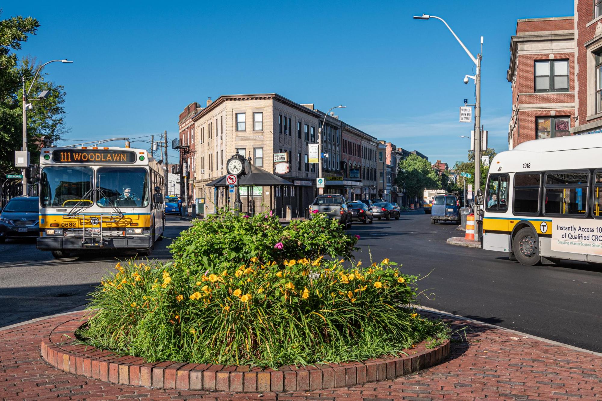 Route 111 bus at a roundabout in Chelsea, during summertime