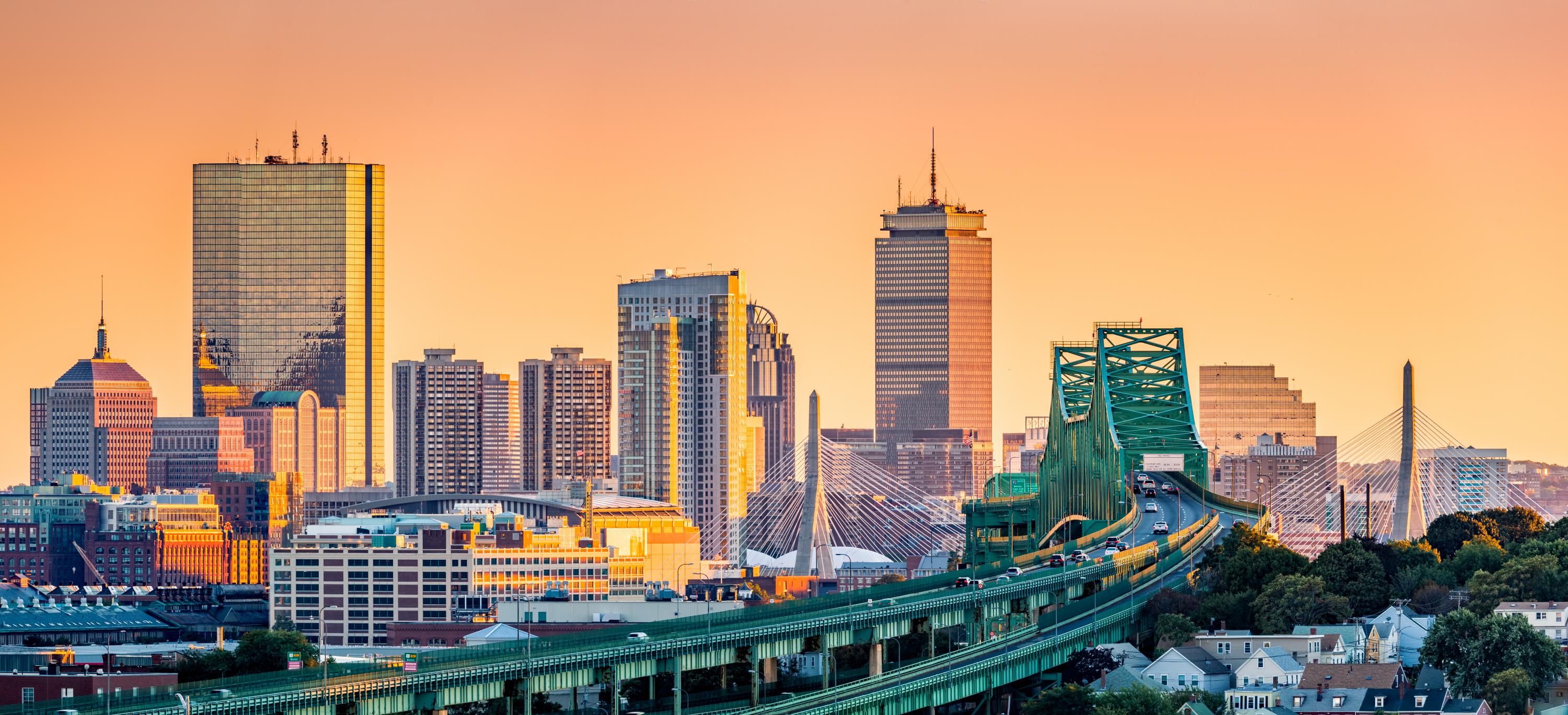 Tobin Bridge and Boston skyline at sunset