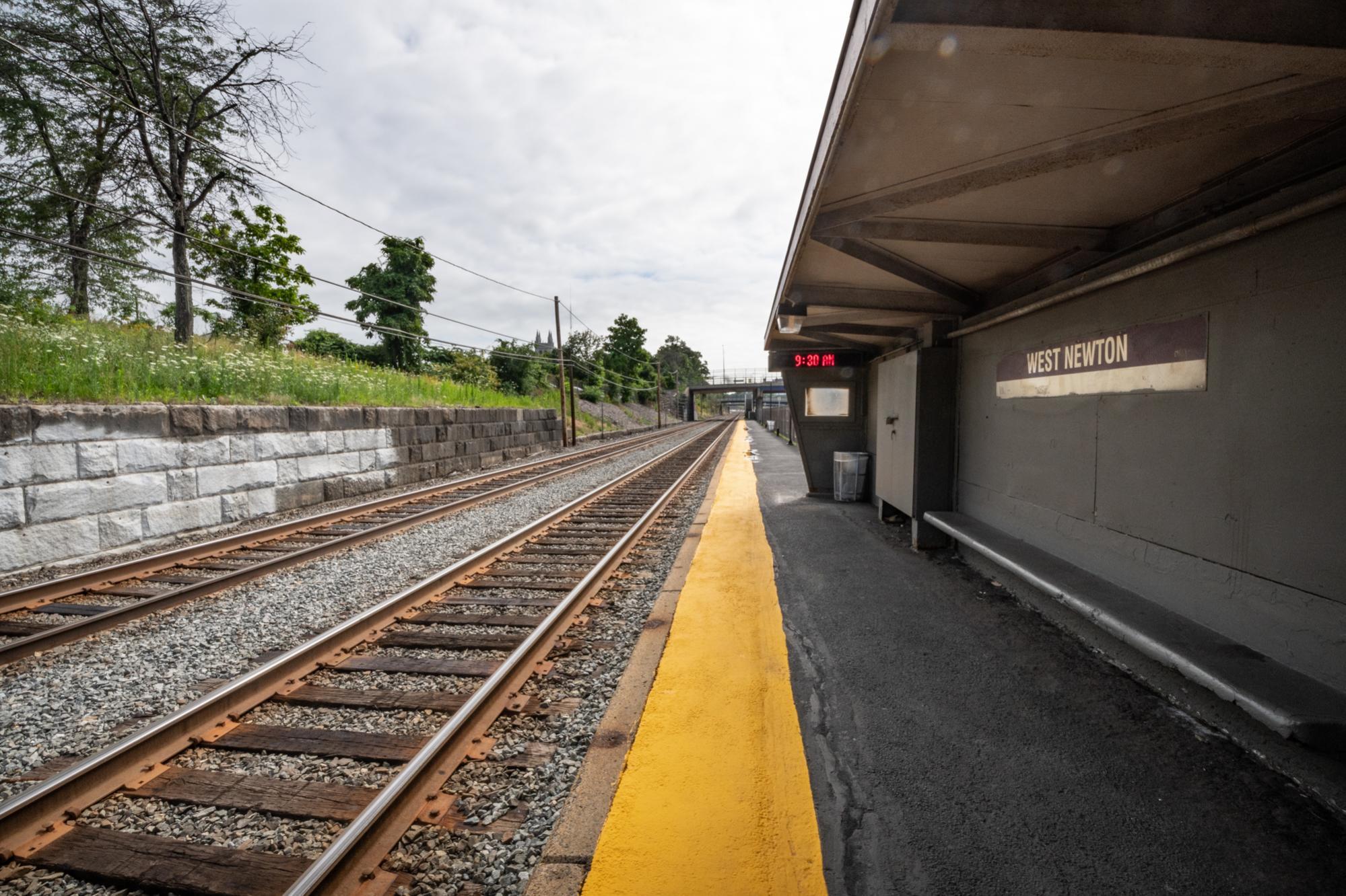 The Commuter Rail tracks and platfrom at West Newton Station.