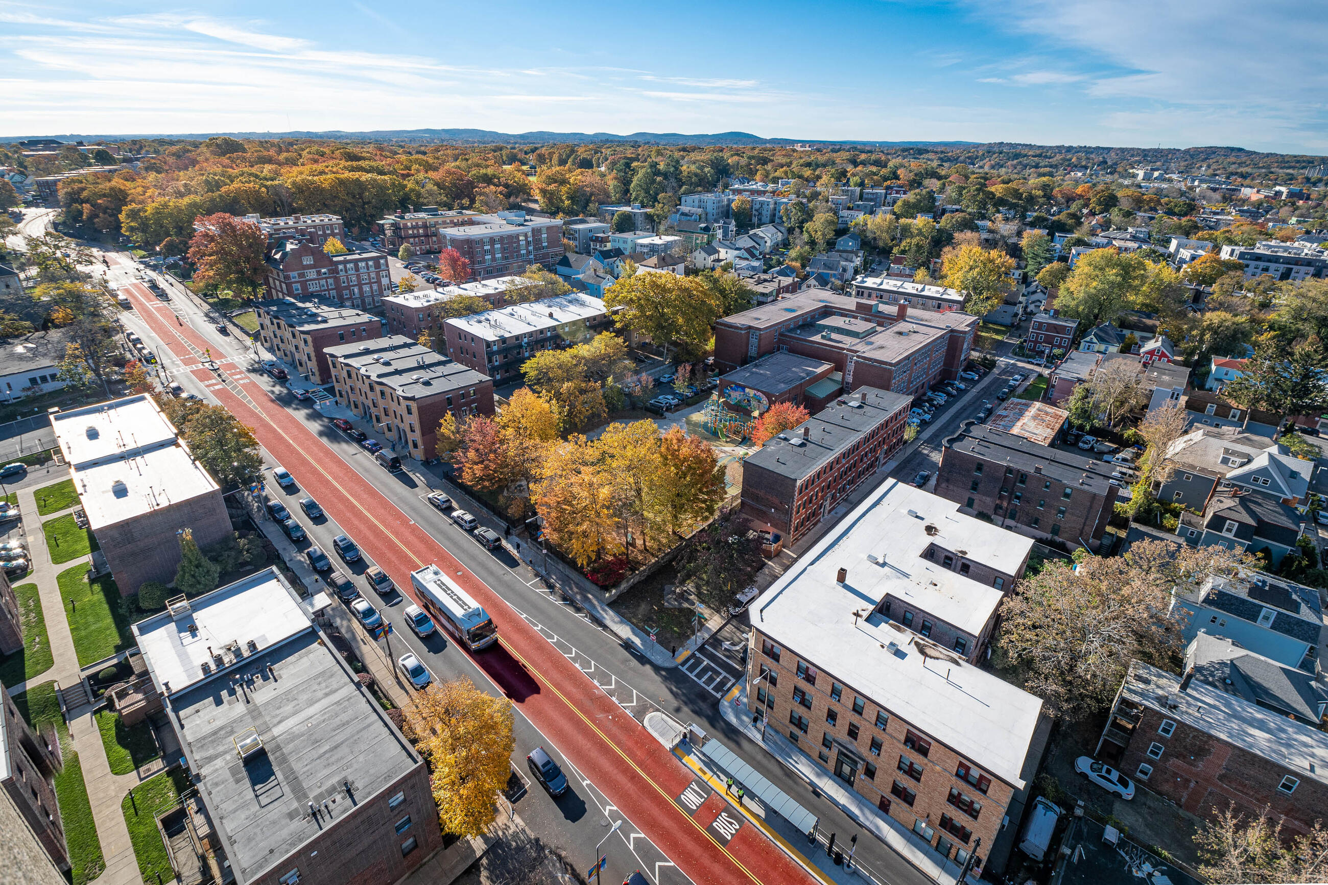 Columbus Avenue’s bus lanes are the first center-running bus lane facility in the MBTA service area and in New England.