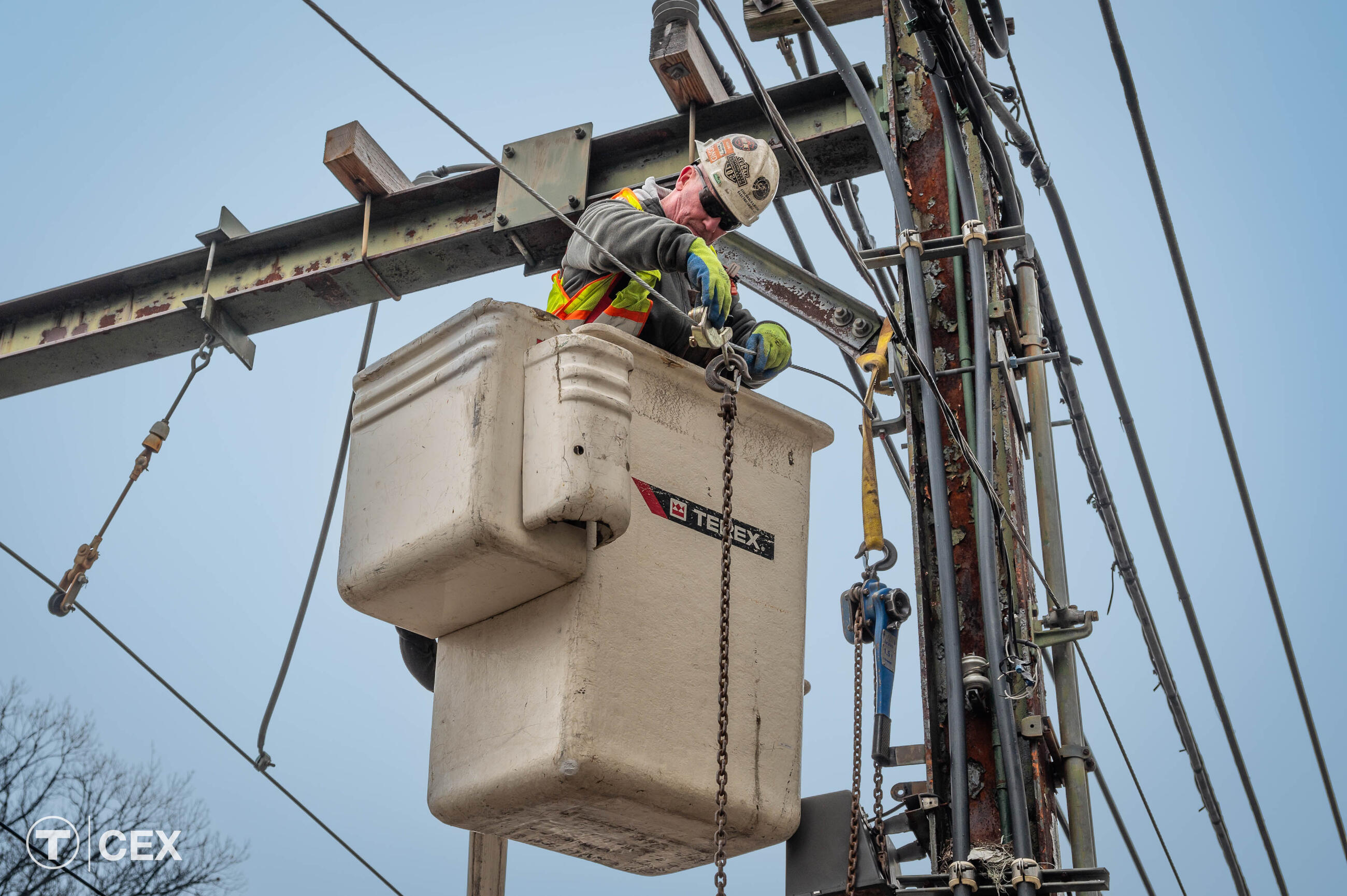 Crews performed overhead catenary wire work on the Green Line during the shutdown. The overhead wires provide power to the Green Line trolleys. Complimentary photo by the MBTA Customer and Employee Experience Department.