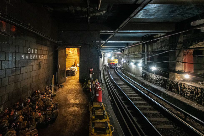 Rail work vehicle on the right of way at Harvard Station