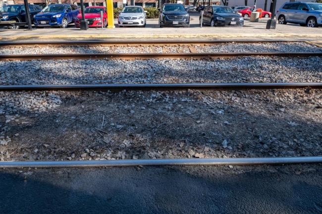 new green line tracks in background, old tracks in foreground